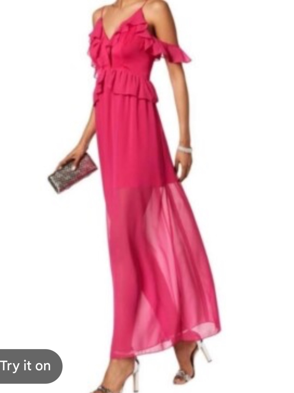 BCBGeneration Bright Fuchsia Ruffle Cold-Shoulder Maxi Dress size 2 whimsical